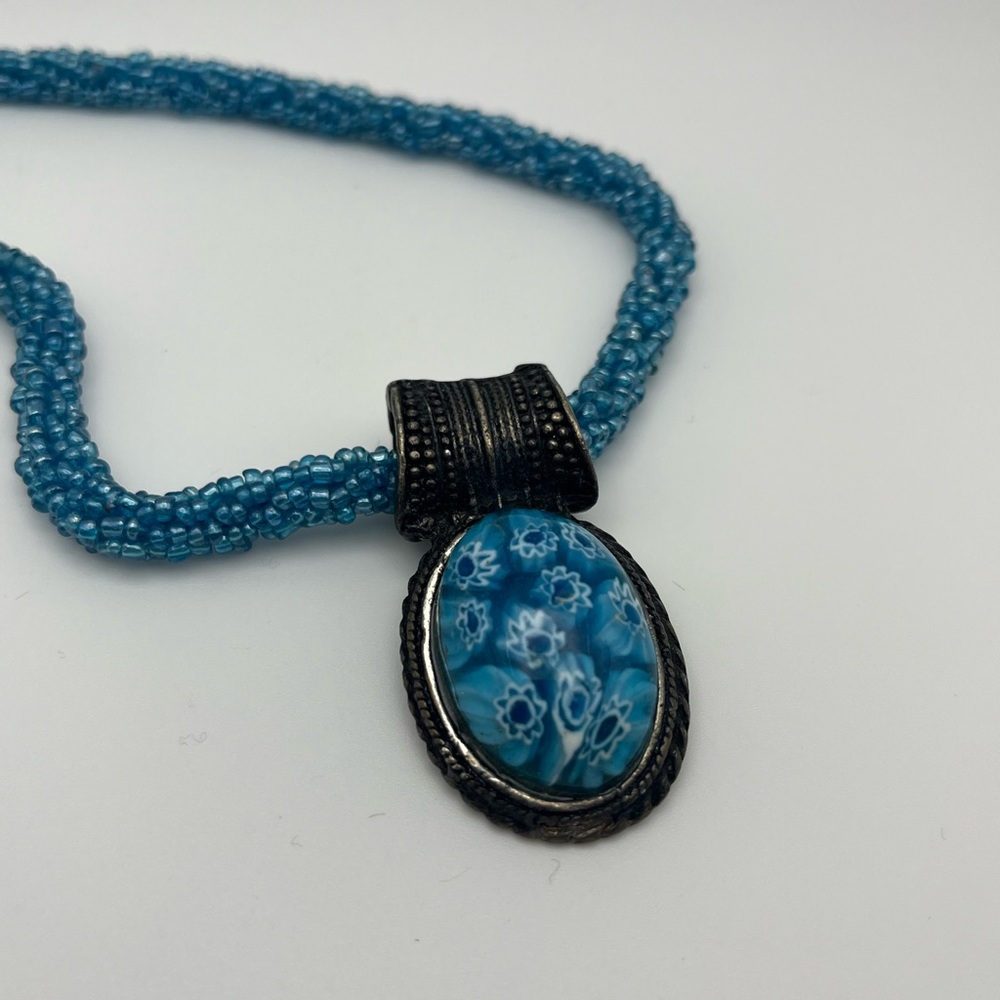 Blue Resin Floral Pendant With Beaded Chain